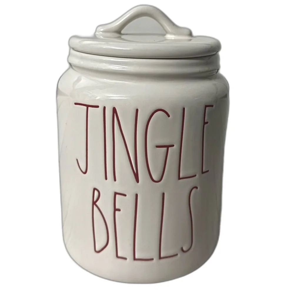 Rae Dunn MEDIUM JINGLE BELLS Lidded Canister White w/Red Letter Ceramic 8